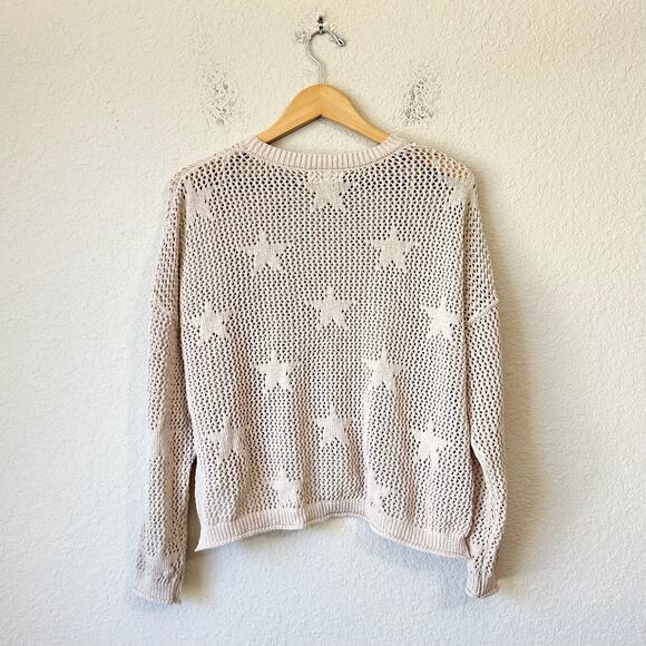 MABLE Sweater Beige Stars Crochet Knit Pullover Relaxed Hi-Lo Boho - Picture 2 of 9